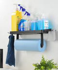Garage Paper Towel Holder With Shelf And Hooks, Black Stainless Steel Wall Mount Organizer For Kitchen And Workshop holding supplies