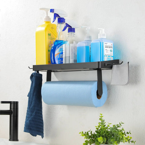 Garage Paper Towel Holder With Shelf And Hooks, Black Stainless Steel Wall Mount Organizer For Kitchen And Workshop holding supplies