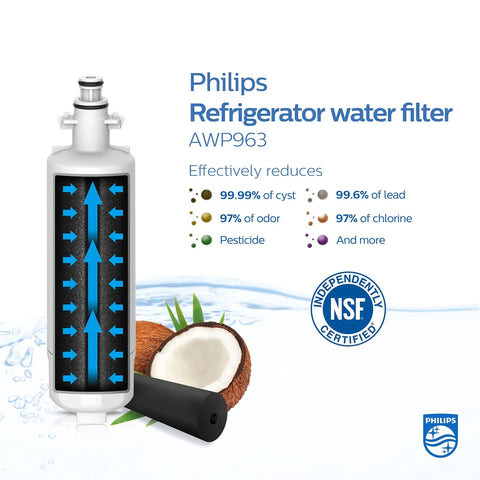 Philips refrigerator water filter AWP963 with filtration details and NSF certification logo.