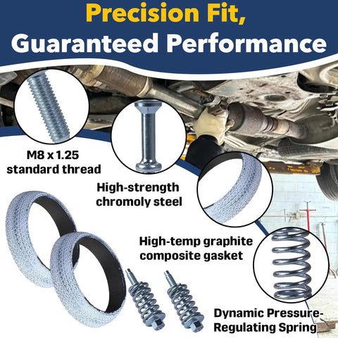 Hella Tough Exhaust Flange Bolt And Gasket Repair Kit With M8 Spring Bolts includes high-strength steel bolts and graphite gaskets.