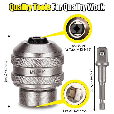Adjustable Tap Socket Tool Set, 2-Piece One Half Inch Drive, M13 To M19 Chuck, shown with socket adapter