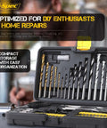 Hi-Spec drill bit set in a black case with assorted HSS metal, masonry and brad point bits plus driver bits