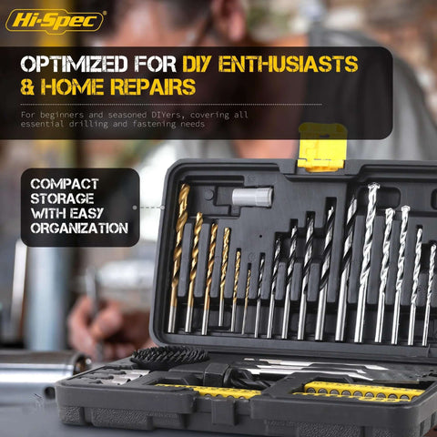 Hi-Spec drill bit set in a black case with assorted HSS metal, masonry and brad point bits plus driver bits