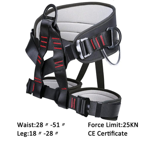 Adjustable Thickness Half Body Climbing Harness For Fire Rescue Caving Rock Climbing Rappelling And Tree Work Built Tough Waist Safety Belt With Comfort Fit Four Gear Hooks Durable Polyester Webbing displayed front view