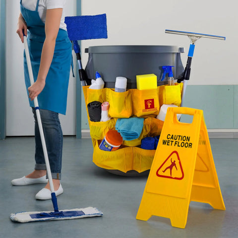 Heavy Duty Trash Can Caddy With 12 Pockets For 32 To 55 Gallon Cans, XL Size, Built To Last, Keeps Your Cleaning Gear Neat And Ready With Straps And Clip On Secures On The Can