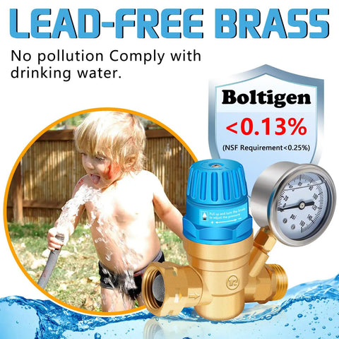 Child drinking water with Must Have Adjustable RV Water Pressure Regulator Kit With Inline Filter Brass Elbow Splitter shown