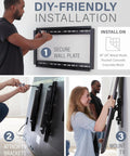 Heavy Duty Tilting TV Wall Mount For Big Screens Up To 90 Inches And 150 Pounds With Integrated Wire Management and No Sweat Assembly shown in DIY installation.