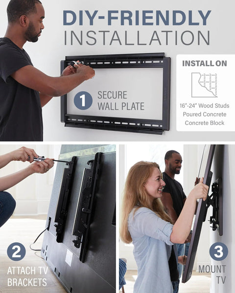 Heavy Duty Tilting TV Wall Mount For Big Screens Up To 90 Inches And 150 Pounds With Integrated Wire Management and No Sweat Assembly shown in DIY installation.