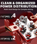 Close-up of Heavy Duty Copper Bus Bar Power Distribution Block Set With Waterproof Covers For 12V 500A Systems, showing M8 and M10 studs.