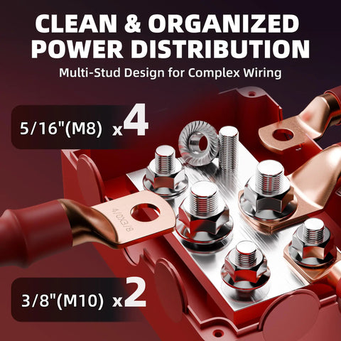 Close-up of Heavy Duty Copper Bus Bar Power Distribution Block Set With Waterproof Covers For 12V 500A Systems, showing M8 and M10 studs.