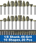 Twenty 46 Grit Diamond Grinder Bits Set For Rotary Tools With 3mm Shank Fits One Eighth Inch Collet Ten Head Shapes