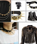 Spikes and studs kit collage for clothing: spiked chokers, belts, boots, jackets.