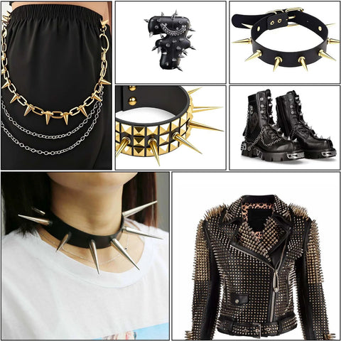 Spikes and studs kit collage for clothing: spiked chokers, belts, boots, jackets.
