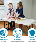 Commercial Adjustable Folding Table For Indoor And Outdoor Use 4 Foot Surface With Solid Seamless Top Height Settings Of 24 29 And 34 Inches Lightweight Durable HDPE Top With Powder Coated Steel Frame Almond