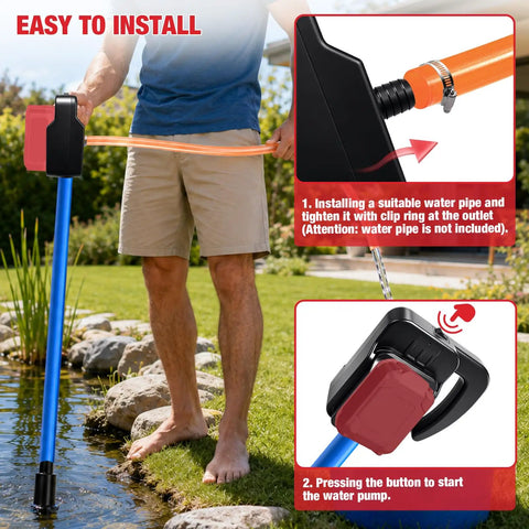 Portable Cordless Stick Water Transfer Pump for Heavy Duty Fluid Moving and Tank Draining being installed near a pond.
