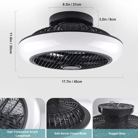 Slick 18 Inch Ceiling Fan With Lights and 2.4G Remote, modern low profile flush mount with dimmable LED, black enclosed finish