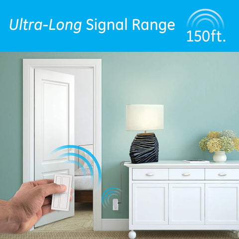 Hand using dimmable wireless plug in light switch with remote, 1 outlet, 150 ft range for lamps and indoor lighting.