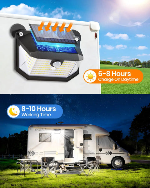 Magnetic RV Solar Lights Outdoor 178 LED 800LM Ultra Bright Porch Light With Motion Sensor IP65 Waterproof on camper