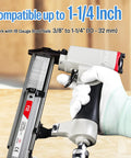 Hustle Ready 18 Gauge Pneumatic Brad Nailer With Beefy Aluminum Body And Comfort Grip showing compatibility with 1-1/4 inch brad nails.