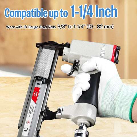 Hustle Ready 18 Gauge Pneumatic Brad Nailer With Beefy Aluminum Body And Comfort Grip showing compatibility with 1-1/4 inch brad nails.