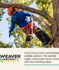 Climber using Two Floating Dees With Padded Nylon Leg Straps For Quick Access And Secure Fit during tree rigging.