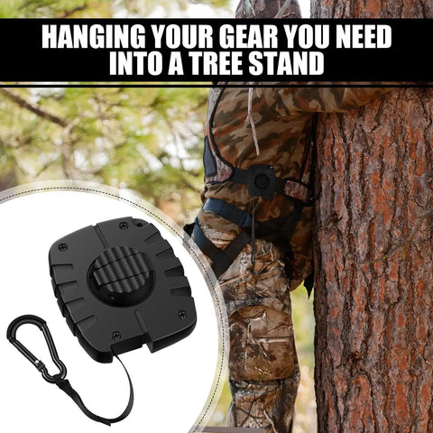 Two Pack 29.5 Ft Retractable Bow Hoist For Tree Stand Gear, ideal for deer hunting and gun retrieval, shown in use on tree.
