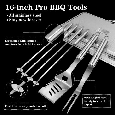 Complete 19-Piece BBQ Grill Utensil Set With Stainless Steel Tools And Aluminum Storage Case displaying spatula, fork, skewers