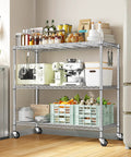 45 Inch Wide 3 Tier Metal Shelving On Wheels Built Tough Beefy Heavy Duty Steel Storage Rack With 450 Lbs Capacity Perfect For Kitchen Garage And Laundry Rust Resistant Mobile Storage Cart in kitchen with cookware and groceries