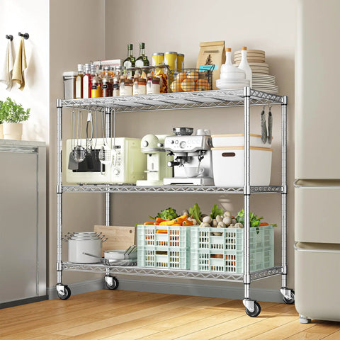 45 Inch Wide 3 Tier Metal Shelving On Wheels Built Tough Beefy Heavy Duty Steel Storage Rack With 450 Lbs Capacity Perfect For Kitchen Garage And Laundry Rust Resistant Mobile Storage Cart in kitchen with cookware and groceries