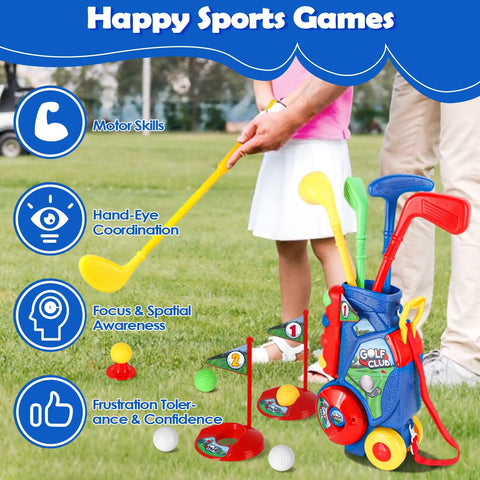 Totally Awesome Toddler Golf Set With Sturdy Rolling Cart Includes Four Beginner Clubs And Bright Durable Balls Perfect For Tiny Pros Ages Three To Five Epic Backyard Play Time with junior clubs and balls.