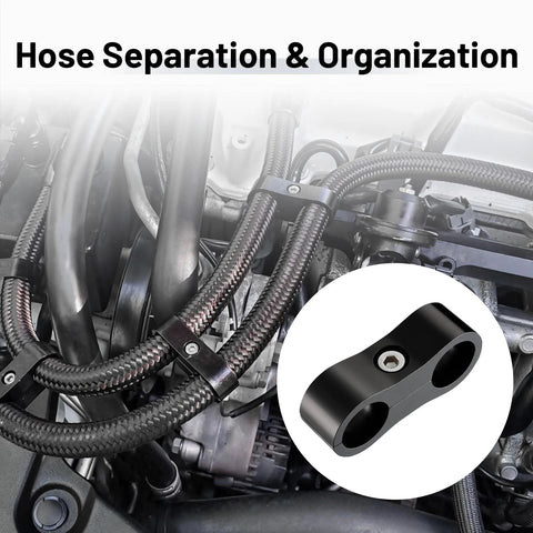 Close-up of EVIL ENERGY AN6 hose separator clamp, black aluminum two-hole mount, 4-pack for fuel lines