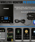 60 Amp MPPT Solar Charge Controller with Bluetooth monitoring and LCD display, app interface on smartphone screens.