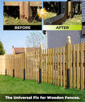 Illustration showing before and after using Heavy Duty Fence Post Repair Kit With Steel Post Anchor For Leaning Or Broken Posts No Dig No Hammer Install DIY Friendly