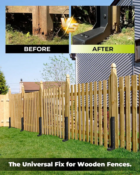 Illustration showing before and after using Heavy Duty Fence Post Repair Kit With Steel Post Anchor For Leaning Or Broken Posts No Dig No Hammer Install DIY Friendly