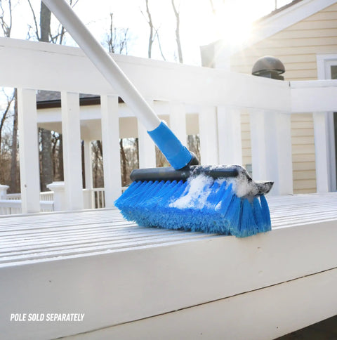 10 Inch Bi Level Soft Wash Brush Drops Onto Water Flow Poles Easily, cleaning a patio with dual tier bristles and soap.