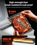 VEVOR chamber vacuum sealer, 260W power with 8 mm seal strip; vacuum-sealed steak bag with rosemary.