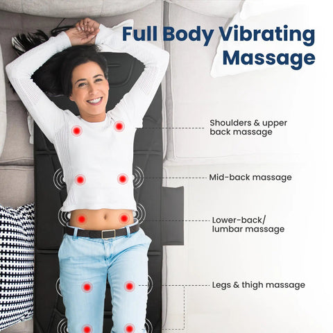 Woman using Full Body Massage Mat With Heat And Vibration Ten Motors Four Heating Zones 30 Minute Auto Shut Off Foldable Relaxation Pad
