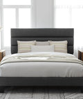 Queen Platform Bed Frame Built From Heavy Duty Metal And Solid Wood Features A Padded Upholstered Headboard For Quiet Nights in a modern bedroom.