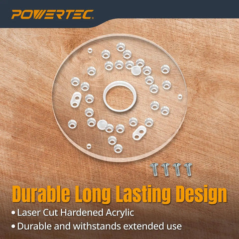 Must Have Router Base Plate Acrylic Five And Three Quarter Inch With Screws And Pre Drilled Holes For Trim And Plunge Routers Pro Grade Durable Clear Guide Bushing Plate Fits Bosch DeWalt Makita Porter Cable And More Model 71381 shown with screws on a wood surface.