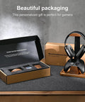 Walnut Wood Headset Stand With Built In Controller Holder And Storage Base For Your Desk beside gift packaging box.