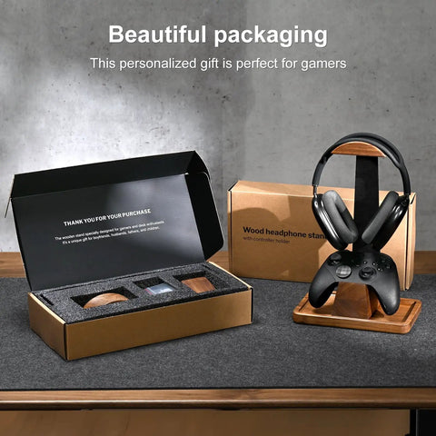 Walnut Wood Headset Stand With Built In Controller Holder And Storage Base For Your Desk beside gift packaging box.