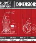 Technical diagram of 115V 1/3 HP Sump Pump With Tethered Float Switch, 3200 GPH, height 10.25 inches, dimensions in inches, red background