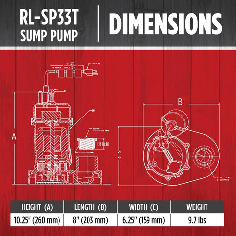 Technical diagram of 115V 1/3 HP Sump Pump With Tethered Float Switch, 3200 GPH, height 10.25 inches, dimensions in inches, red background