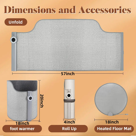 Dimensions of Under Desk Space Heater for Office and Home, Quiet Electric Foot and Leg Warmer With Heated Floor Mat shown.