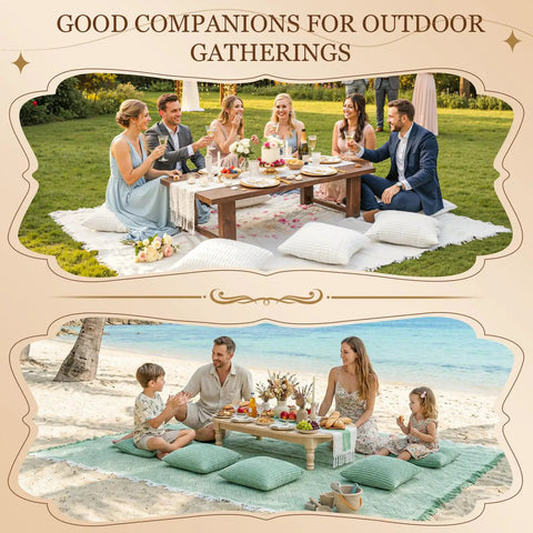 Extra Large Outdoor Boho Picnic Blanket Set With Low Table Runner And 6 Throw Pillow Covers for beach park gatherings