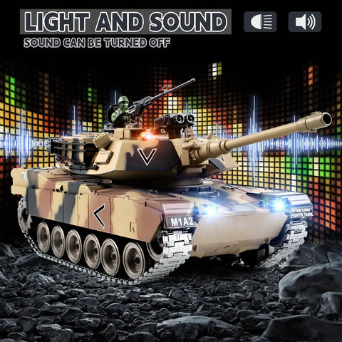 1 18 Scale RC Tank With Realistic M1A2 Metal Chassis, sound visual, lights on, camo pattern, rocky terrain, military RC vehicle