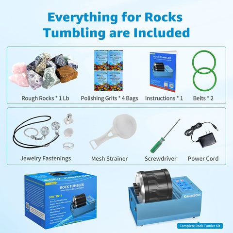 Image of Beast Rock Tumbler Kit with 4Lb barrel and all accessories including grits, jewelry fastenings, and power cord.