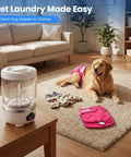 Slick Foldable Mini Washing Machine With 1.6 Liter Capacity And Rechargeable Power For Weekend Adventures Hassle Free Undies And Socks Wash For College Crew Campers And Travel Squad beside a golden retriever and dog clothing.