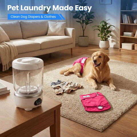 Slick Foldable Mini Washing Machine With 1.6 Liter Capacity And Rechargeable Power For Weekend Adventures Hassle Free Undies And Socks Wash For College Crew Campers And Travel Squad beside a golden retriever and dog clothing.