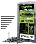Top Shelf Exterior Wood Screws Assortment Kit With One Hundred Eight Badass Carbon Steel Fasteners In Six Pro Sizes With Corrosion Resistant Grey Coating Plus Two Tough Hex Bits Stashed In A Sweet Plastic Organizer Box For Your Next Backyard Project.